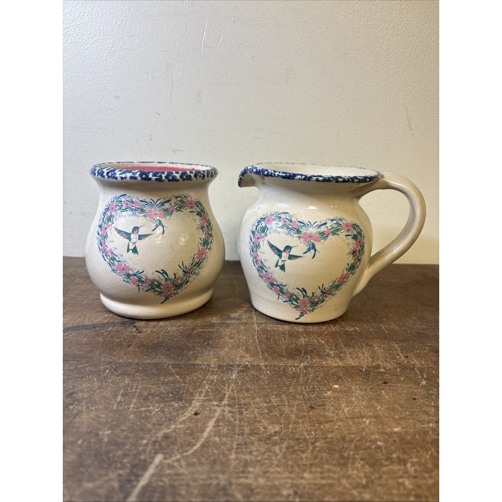Vintage Hummingbird Stoneware Wax Warmer Pitcher Set Floral Heart Spongeware